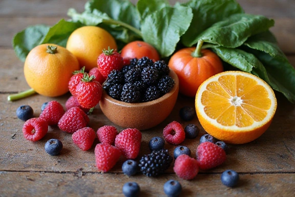 Alimenti ricchi di antiossidanti su un tavolo di legno, focalizzandosi su frutta e verdura colorate.
