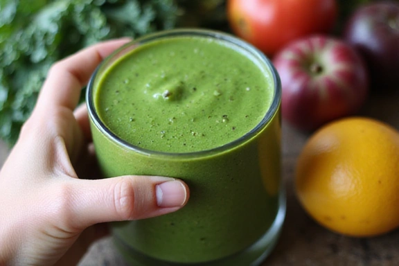 Persona che beve un frullato verde, con ingredienti freschi sullo sfondo, suggerendo nutrizione e dieta sana.