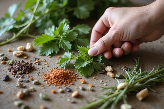 Piante medicinali e erbe aromatiche su un banco di legno, con una mano che le raccoglie, rappresentante la fitoterapia.