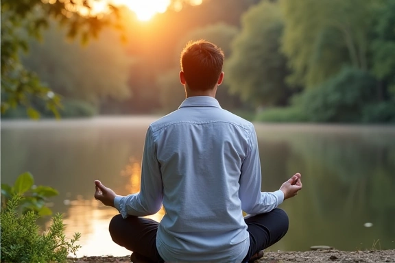 Un uomo che medita in un ambiente naturale e sereno, simbolo di gestione dello stress e mindfulness.