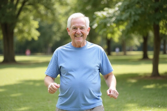 Un uomo anziano sorridente che fa esercizio fisico leggero all'aperto, mostrando vitalità e invecchiamento attivo.