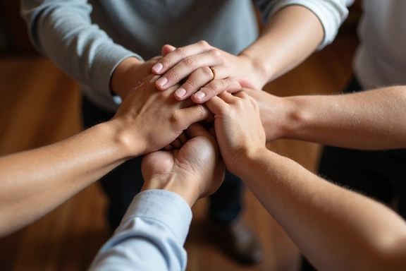 Diverse hands collaborating, symbolizing integrity and teamwork