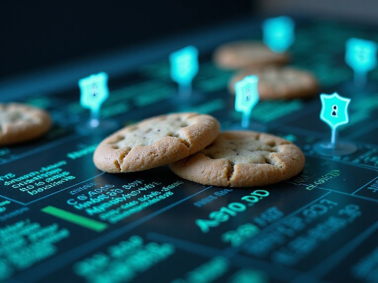 Rappresentazione astratta di dati digitali e cookie su un browser web, con icone che simboleggiano la privacy e la sicurezza.